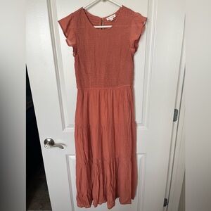 Coral Flutter Sleeve Midi Dress